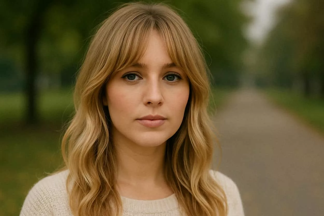 blonde aux cheveux wavy avec frange rideau