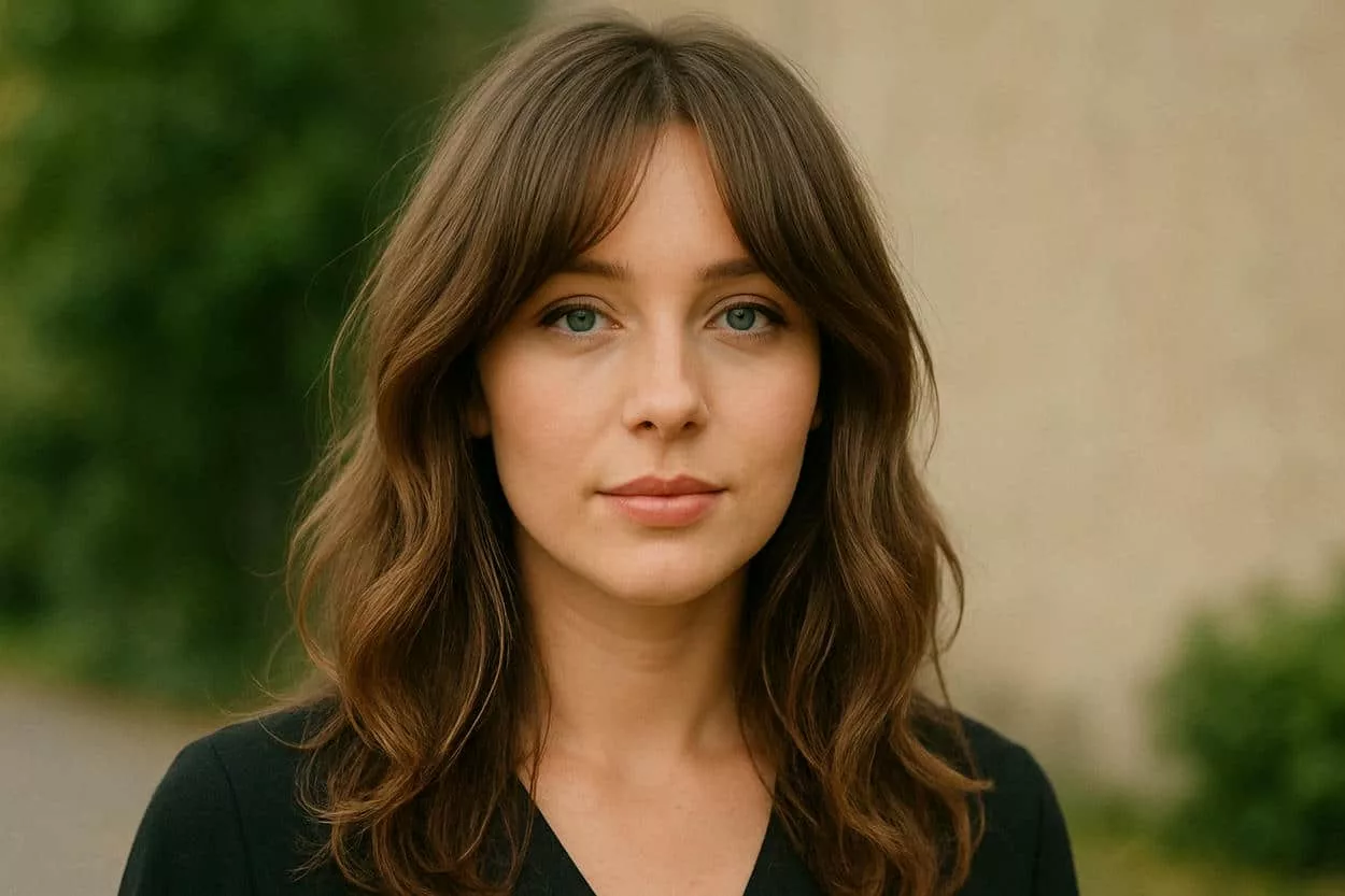 brunette aux cheveux wavy avec frange rideau
