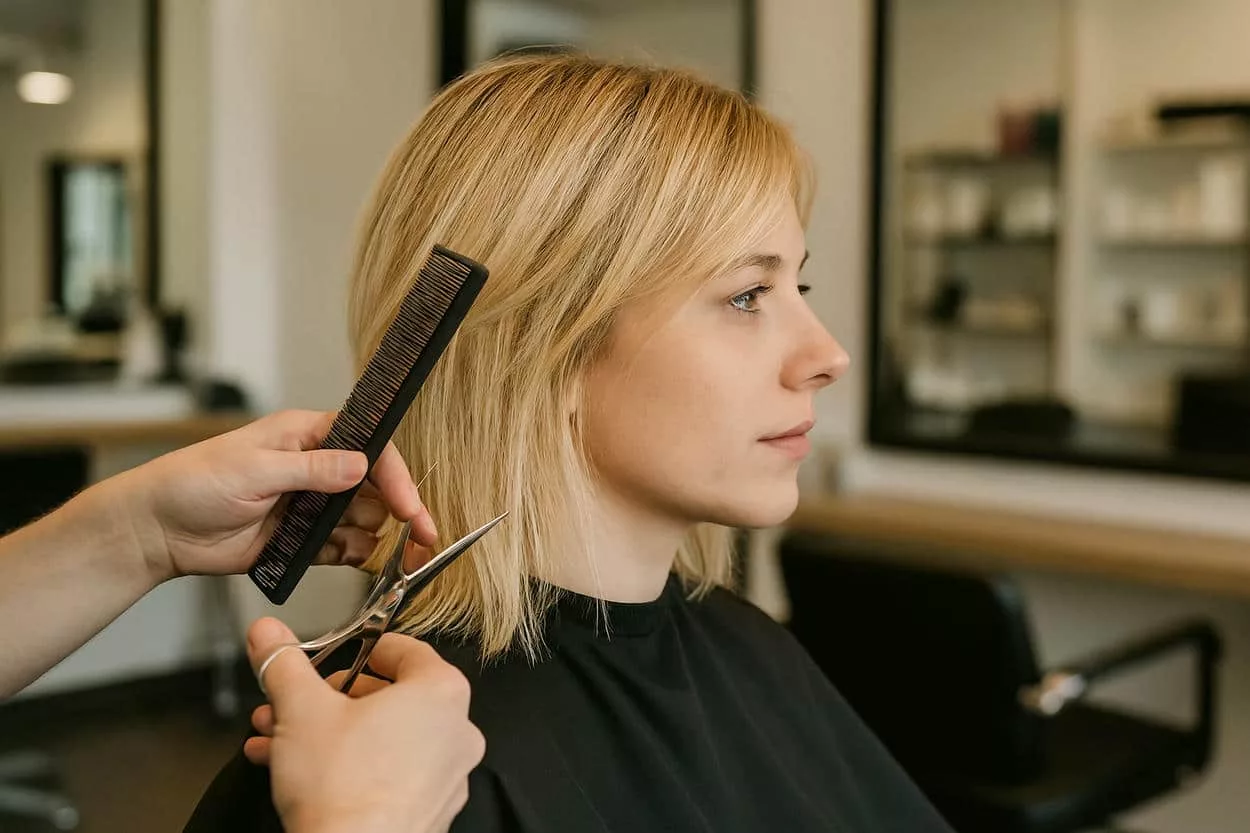 femme aux cheveux fins se faisant couper les cheveux